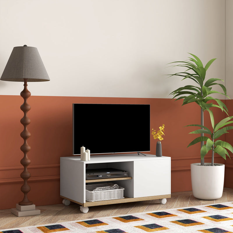 Móvel de TV Mesa de Sala de Estar Moderna de TV de 42 Polegadas com 4 Rodas com 1 Porta e 2 Prateleiras de Armazenamento 80x45x39,5 cm Branco