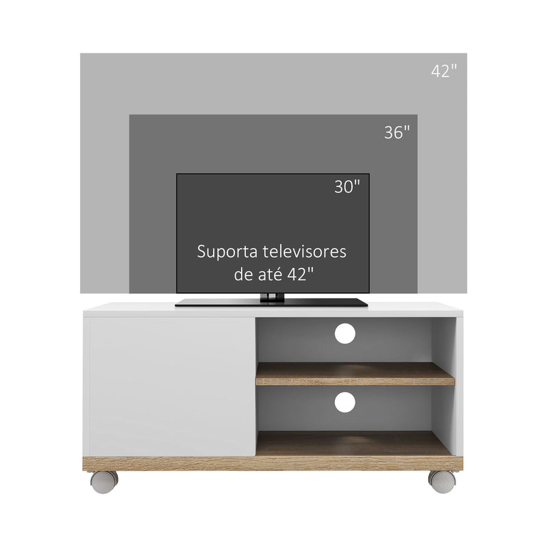 Móvel de TV Mesa de Sala de Estar Moderna de TV de 42 Polegadas com 4 Rodas com 1 Porta e 2 Prateleiras de Armazenamento 80x45x39,5 cm Branco