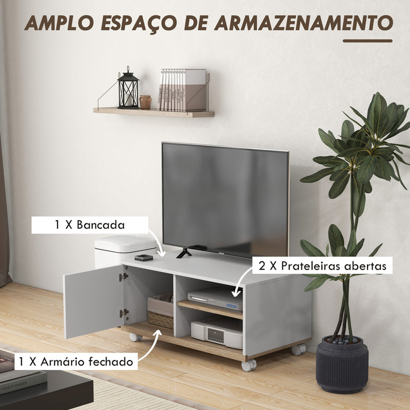 Móvel de TV Mesa de Sala de Estar Moderna de TV de 42 Polegadas com 4 Rodas com 1 Porta e 2 Prateleiras de Armazenamento 80x45x39,5 cm Branco