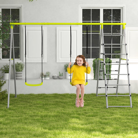 Baloiço para Crianças 4 em 1 Baloiço Jardim com 2 Baloiços Trepador Rede de Escalada Corda Ajustável e Anti-UV Baloiço Infantil Carga 180 kg 260x185x180 cm Cinza e Verde