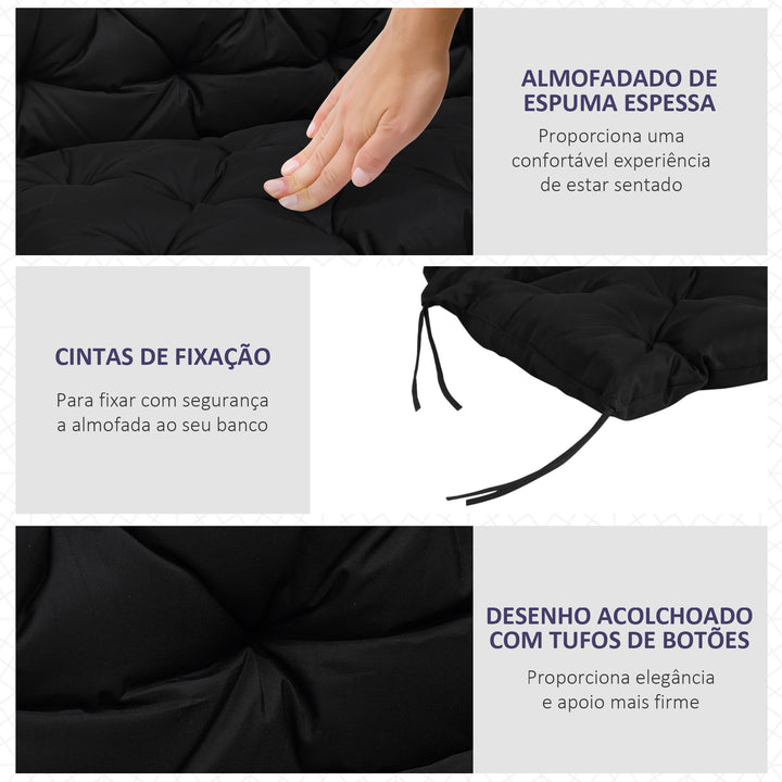 Almofada para Banco com Encosto 100x98x8 cm Almofada de Banco de 3 Lugares com 6 Cordões de Fixação para Jardim Terraço Balcão Exterior Preto