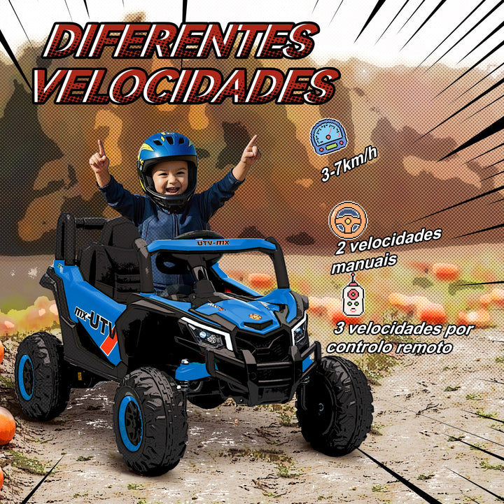 Carro Elétrico para Crianças 12V UTV com 2 Motores Controlo Remoto 2,4G Velocidade até 7 km/h Sistema de Suspensão Faróis USB para Crianças acima de 3 Anos 96x61x56 cm Azul