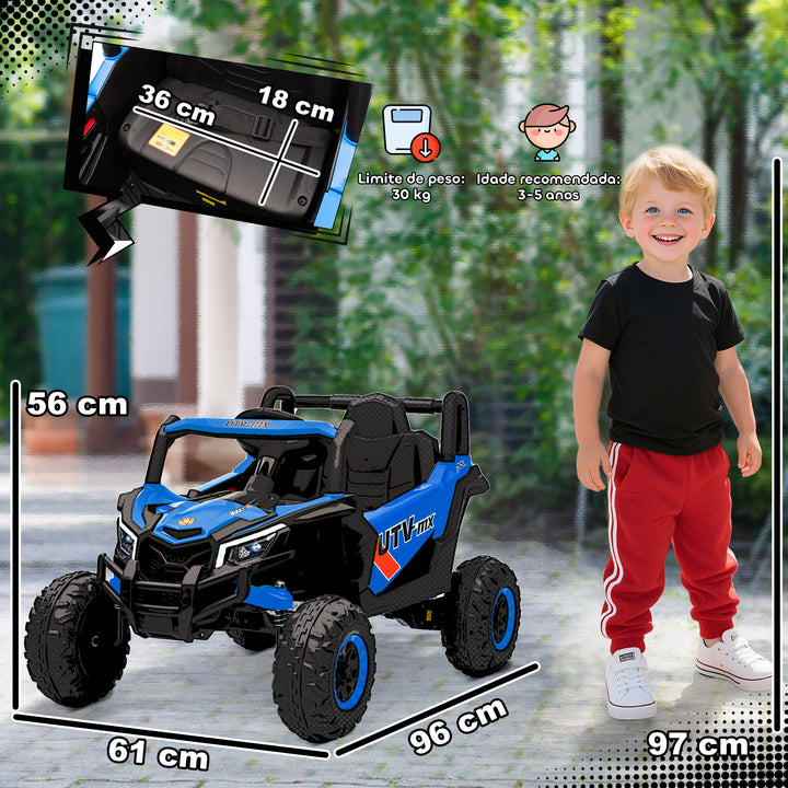 Carro Elétrico para Crianças 12V UTV com 2 Motores Controlo Remoto 2,4G Velocidade até 7 km/h Sistema de Suspensão Faróis USB para Crianças acima de 3 Anos 96x61x56 cm Azul