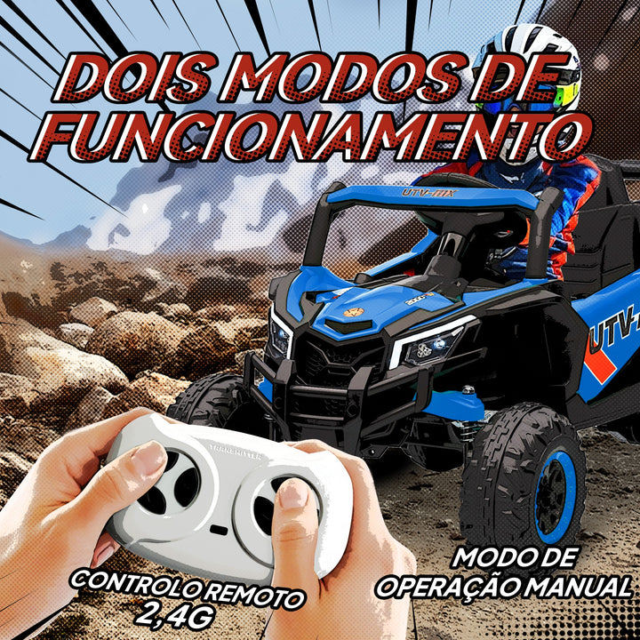 Carro Elétrico para Crianças 12V UTV com 2 Motores Controlo Remoto 2,4G Velocidade até 7 km/h Sistema de Suspensão Faróis USB para Crianças acima de 3 Anos 96x61x56 cm Azul