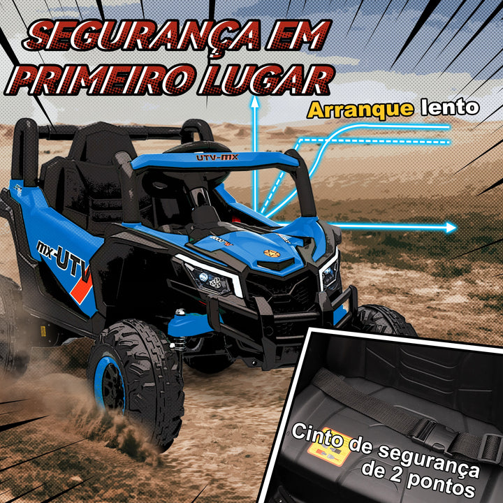 Carro Elétrico para Crianças 12V UTV com 2 Motores Controlo Remoto 2,4G Velocidade até 7 km/h Sistema de Suspensão Faróis USB para Crianças acima de 3 Anos 96x61x56 cm Azul