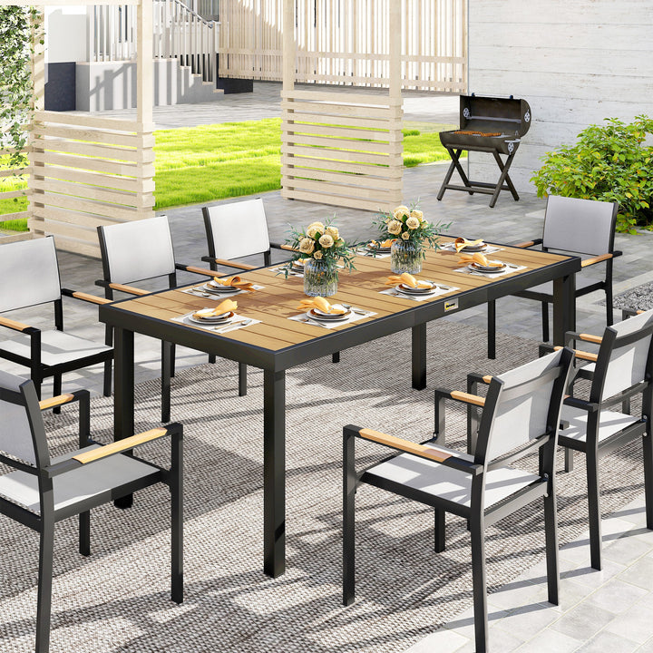 Mesa de Jardim Retangular Mesa de Exterior para 8 Pessoas com Bancada de Ripas e Estrutura de Alumínio para Terraço Balcão 190x90x74cm Natural e Preto