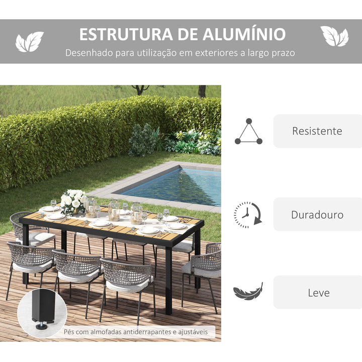 Mesa de Jardim Retangular Mesa de Exterior para 8 Pessoas com Bancada de Ripas e Estrutura de Alumínio para Terraço Balcão 190x90x74cm Natural e Preto