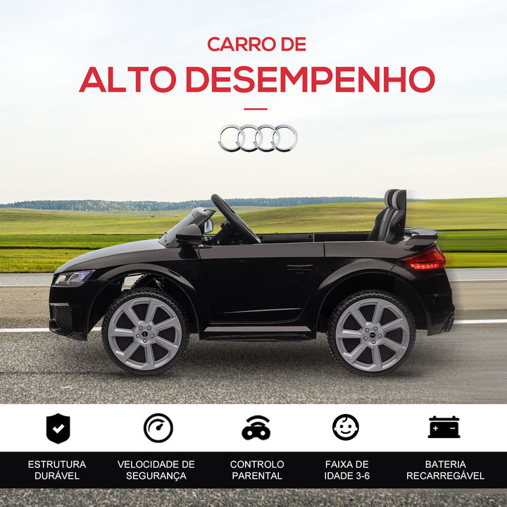 Audi TT elétrico infantil para crianças acima de 3 anos com controle remoto música luzes bateria 6V carga 30 kg 103x63x44cm Preto