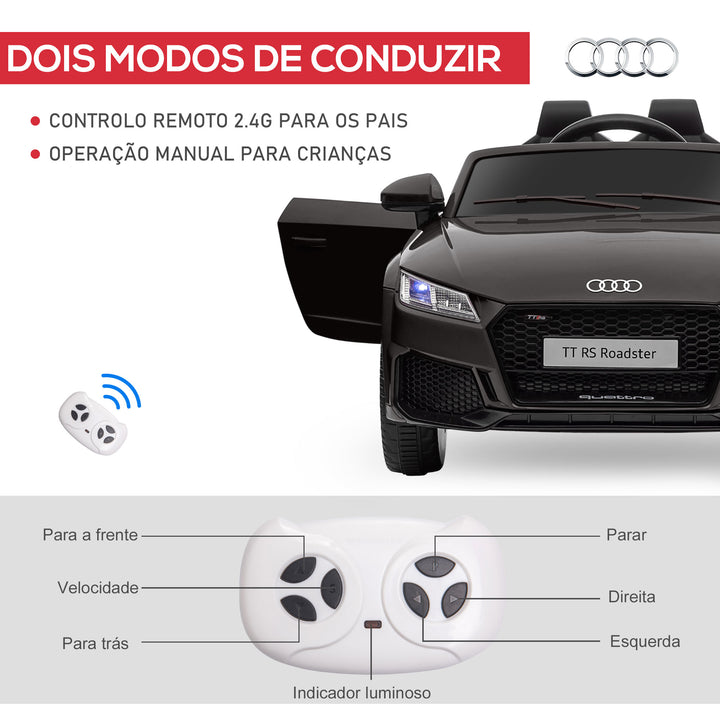 Audi TT elétrico infantil para crianças acima de 3 anos com controle remoto música luzes bateria 6V carga 30 kg 103x63x44cm Preto