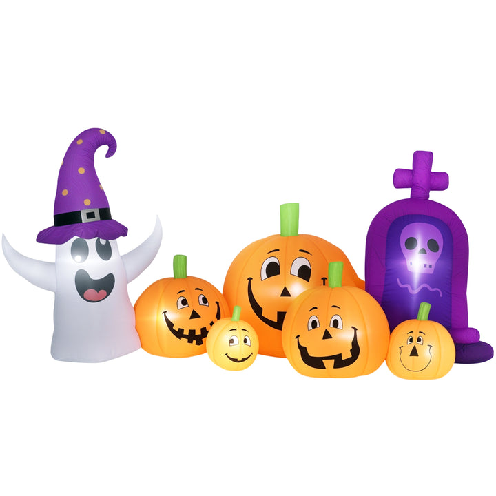 Abóbora Insuflável de Halloween com Fantasma e Lápida Decoração de Halloween com Luzes LED IP44 e Insuflador para Jardim Festas Exterior 240x130x130 cm Multicolor