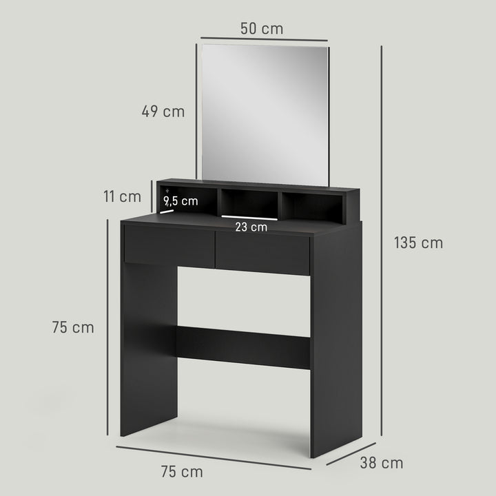 Toucador de Maquilhagem com Espelho Toucador com 2 Gavetas 3 Compartimentos Toucador para Dormitório 75x38x135 cm Preto