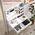 Toucador de Maquilhagem com Luz e Banco Mesa de Maquilhagem com 2 Gavetas e Prateleiras de Armazenamento Estilo Moderno para Quarto Branco