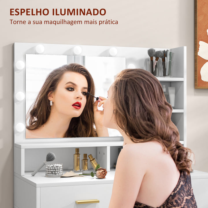 Toucador de Maquilhagem com Luz e Banco Mesa de Maquilhagem com 2 Gavetas e Prateleiras de Armazenamento Estilo Moderno para Quarto Branco