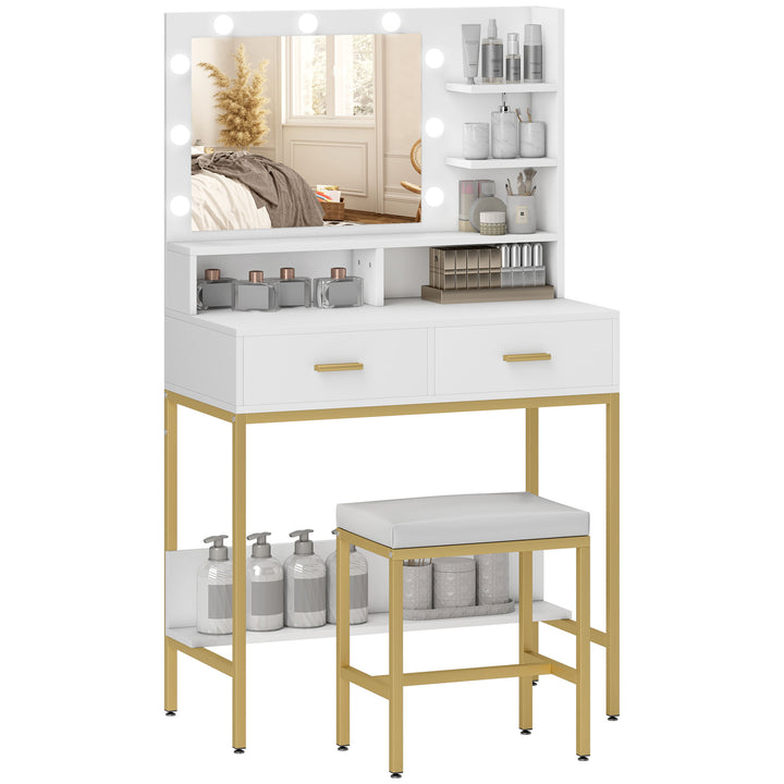 Toucador de Maquilhagem com Luz e Banco Mesa de Maquilhagem com 2 Gavetas e Prateleiras de Armazenamento Estilo Moderno para Quarto Branco