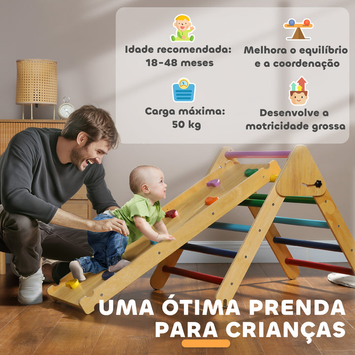 Triângulo de Escalada de Madeira 2 em 1 Escalada para Crianças de 18-48 Meses com Rampa para Deslizar ou Escalar 147x64,5x63 cm Multicor