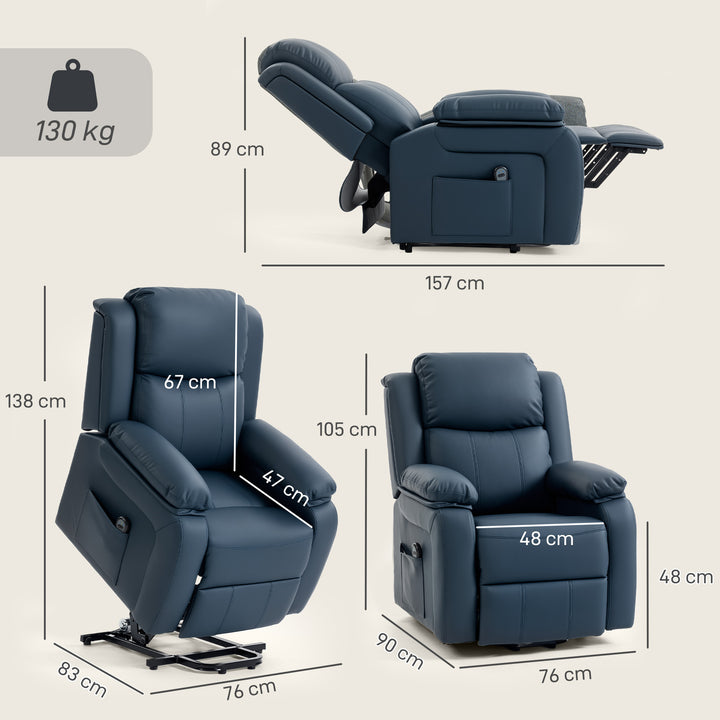 Poltrona Relax Levanta Pessoas com Controle Remoto Reclinação Elétrica de 160° Apoio para os Pés Encosto Estofado em PU e Bolsos Laterais 76x90x105 cm Azul Escuro