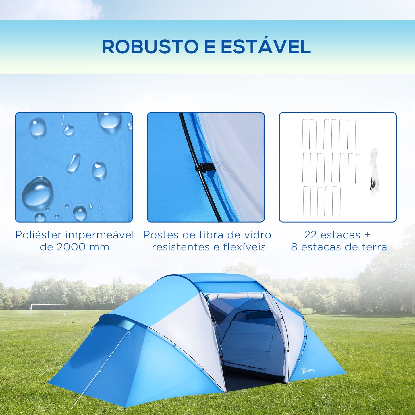 Tenda de Campismo Familiar para 4-6 Pessoas Tenda de Campismo Dobrável com Bolsa de Transporte Impermeável para Praia Parque 430x240x170 cm Azul e Branco