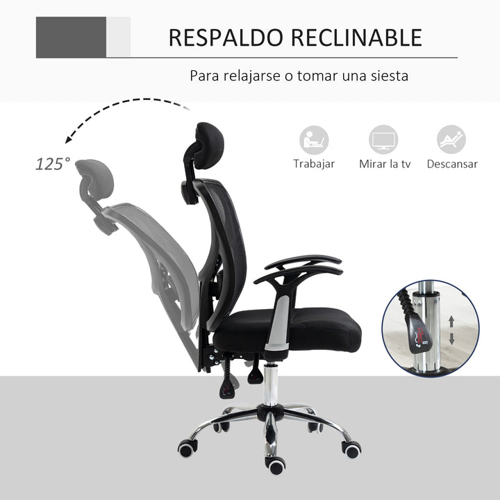 Cadeira de Escritório Ergonômica Cadeira de Escritório Giratória com Altura Ajustável Função Reclinável Apoio para a Cabeça e Suporte Lombar 65x67x108-118cm Preto