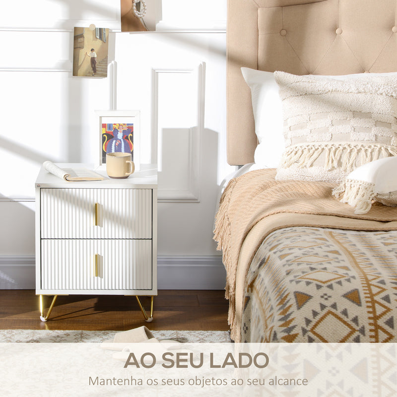 Mesa de Cabeceira com 2 Gavetas Mesa Auxiliar com Pés de Metal para Sala de Estar Dormitório Carga Máxima 40 kg 40x40x47 cm Branco e Dourado