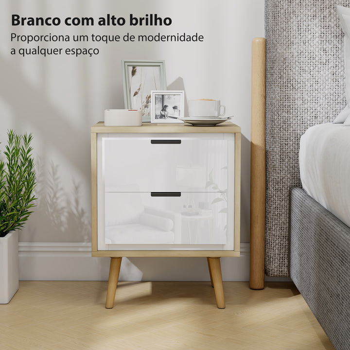 Conjunto de 2 Mesas de Cabeceira Modernas com 2 Gavetas de Deslizamento Silencioso Pés de Madeira para Quarto Sala de Estar 40x35x50 cm Branco Brilhante e Carvalho