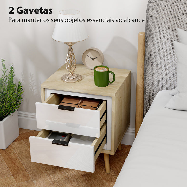 Conjunto de 2 Mesas de Cabeceira Modernas com 2 Gavetas de Deslizamento Silencioso Pés de Madeira para Quarto Sala de Estar 40x35x50 cm Branco Brilhante e Carvalho