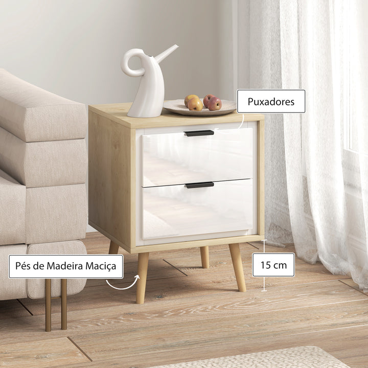 Conjunto de 2 Mesas de Cabeceira Modernas com 2 Gavetas de Deslizamento Silencioso Pés de Madeira para Quarto Sala de Estar 40x35x50 cm Branco Brilhante e Carvalho
