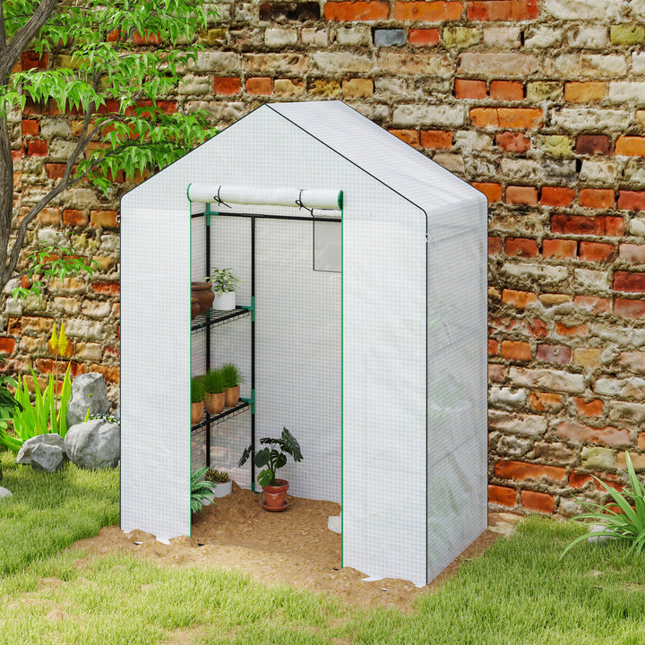 Estufa de Jardim Estufa com 1 Porta 2 Janelas e Prateleiras de 2 Níveis em Forma de U para Cultivo de Plantas em Varanda Pátio 140x73x190 cm Branco