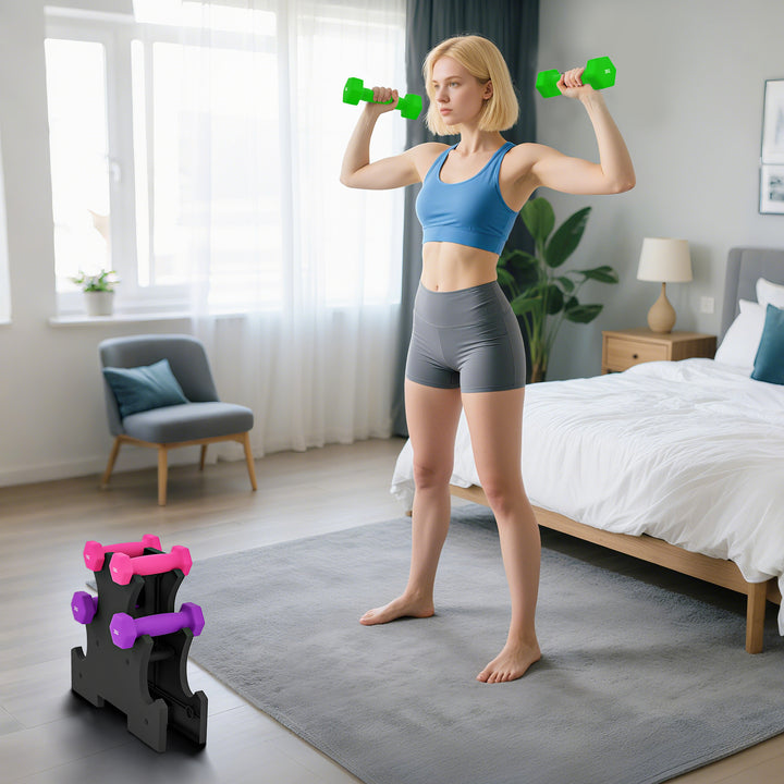 Jogo de Halteres 2x1 kg 2x2 kg 2x3 kg Conjunto de Halteres Hexagonais com Suporte de Armazenamento para Exercício Treino em Casa Ginásio Multicolor