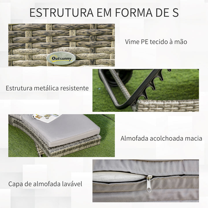 Espreguiçadeira de Vime Reclinável Espreguiçadeira de Jardim com Forma de S com 2 Rodas Encosto Ajustável em 5 Posições e Almofada Amovível para Pátio Varanda 207x70x70 cm Cinza