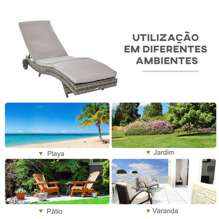 Espreguiçadeira de Vime Reclinável Espreguiçadeira de Jardim com Forma de S com 2 Rodas Encosto Ajustável em 5 Posições e Almofada Amovível para Pátio Varanda 207x70x70 cm Cinza