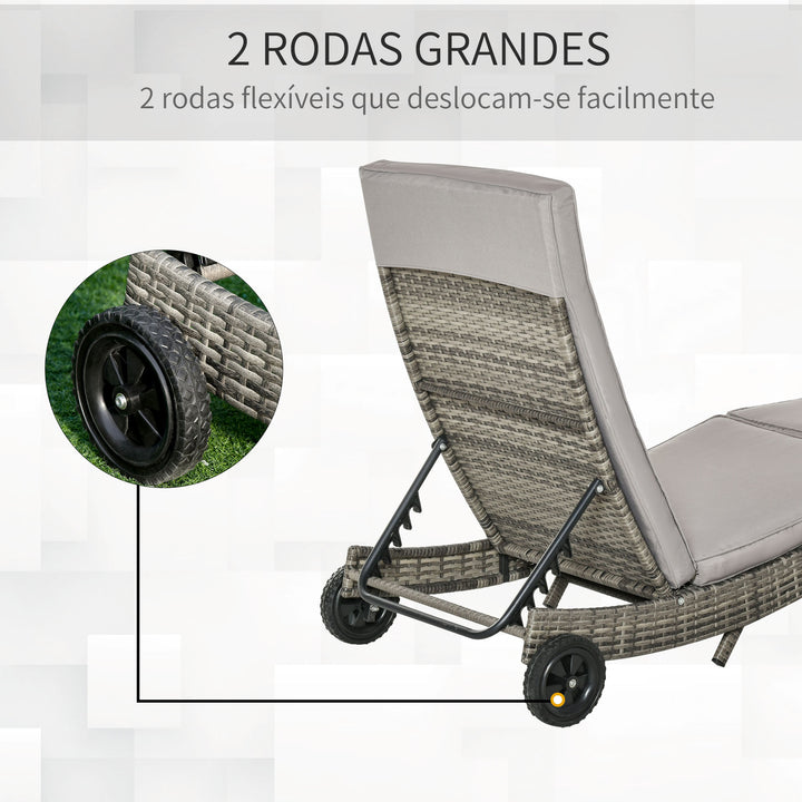 Espreguiçadeira de Vime Reclinável Espreguiçadeira de Jardim com Forma de S com 2 Rodas Encosto Ajustável em 5 Posições e Almofada Amovível para Pátio Varanda 207x70x70 cm Cinza