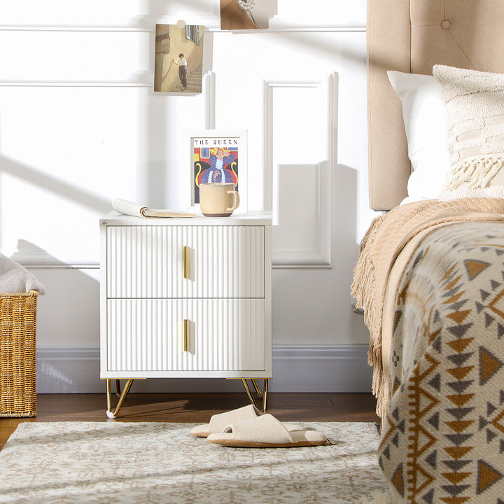 Mesa de Cabeceira com 2 Gavetas Mesa Auxiliar com Pés de Metal para Sala de Estar Dormitório Carga Máxima 40 kg 40x40x47 cm Branco e Dourado