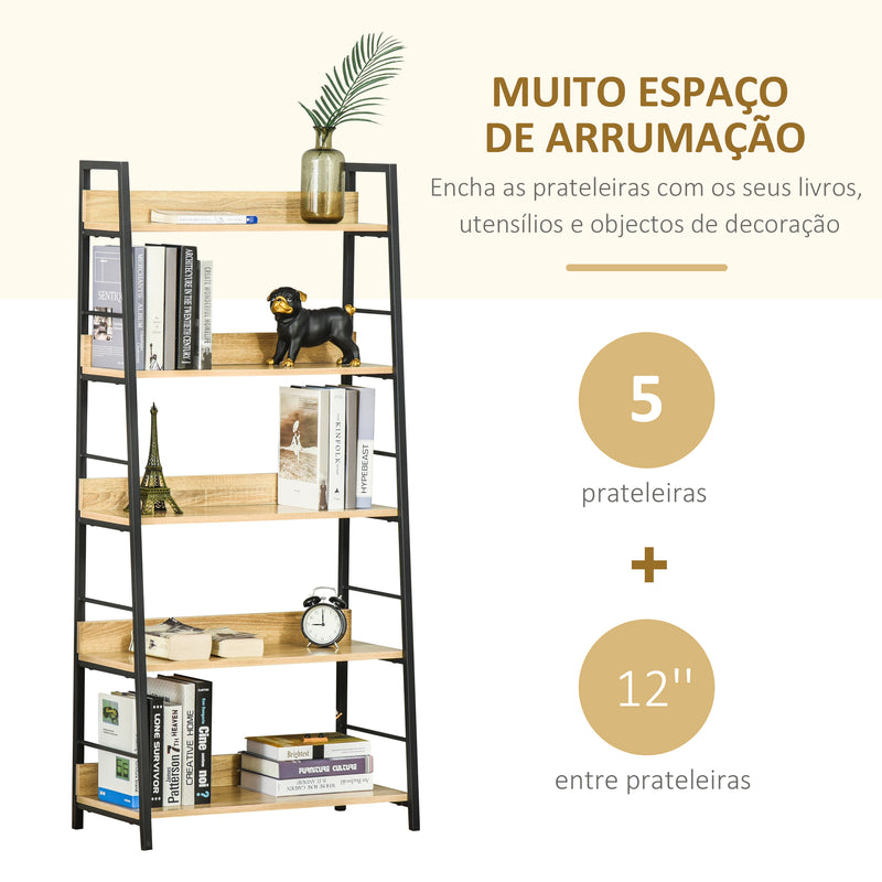 Estante de Estilo Industrial com 5 Níveis Estante de Sala de Estar para Livros com Estrutura de Metal Carga 25 kg para Escritório Estudo 70x35x149,5 cm Natural