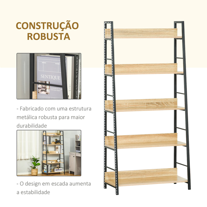 Estante de Estilo Industrial com 5 Níveis Estante de Sala de Estar para Livros com Estrutura de Metal Carga 25 kg para Escritório Estudo 70x35x149,5 cm Natural