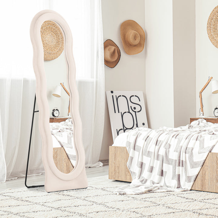 Espelho de Pé 50x160 cm Espelho de Corpo Inteiro ou de Parede com Desenho Assimétrico e Estrutura de Veludo para Sala de Estar Dormitório Creme