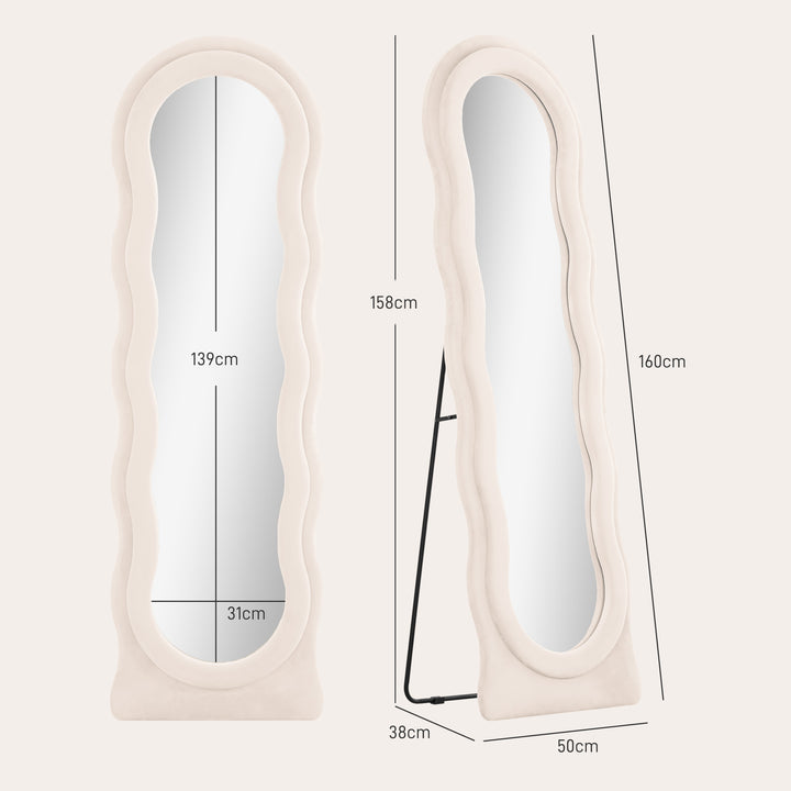 Espelho de Pé 50x160 cm Espelho de Corpo Inteiro ou de Parede com Desenho Assimétrico e Estrutura de Veludo para Sala de Estar Dormitório Creme