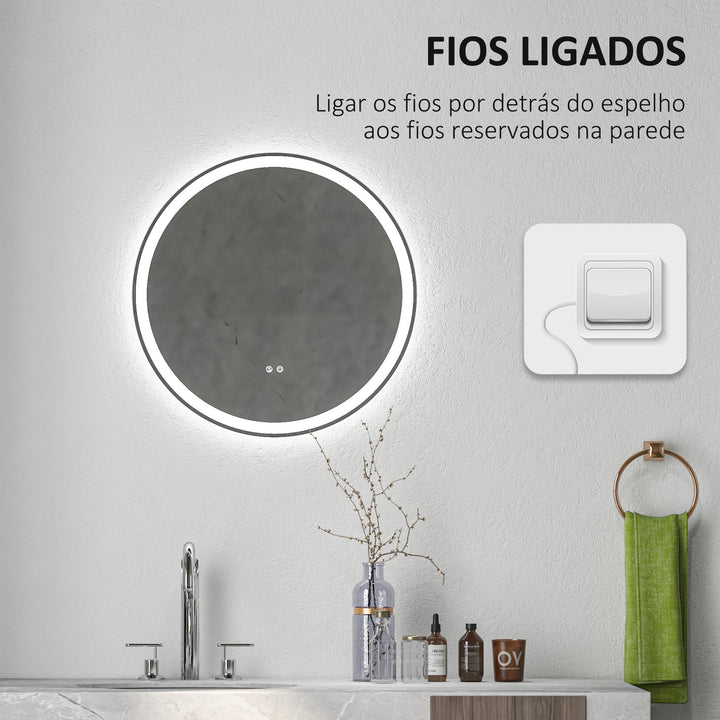 Espelho de Casa de Banho com Luzes LED Ajustáveis Ø60 cm Espelho de Parede Redondo com Função de Memória Anti-embaciamento e Interrutor Tátil para Sala Entrada Prata