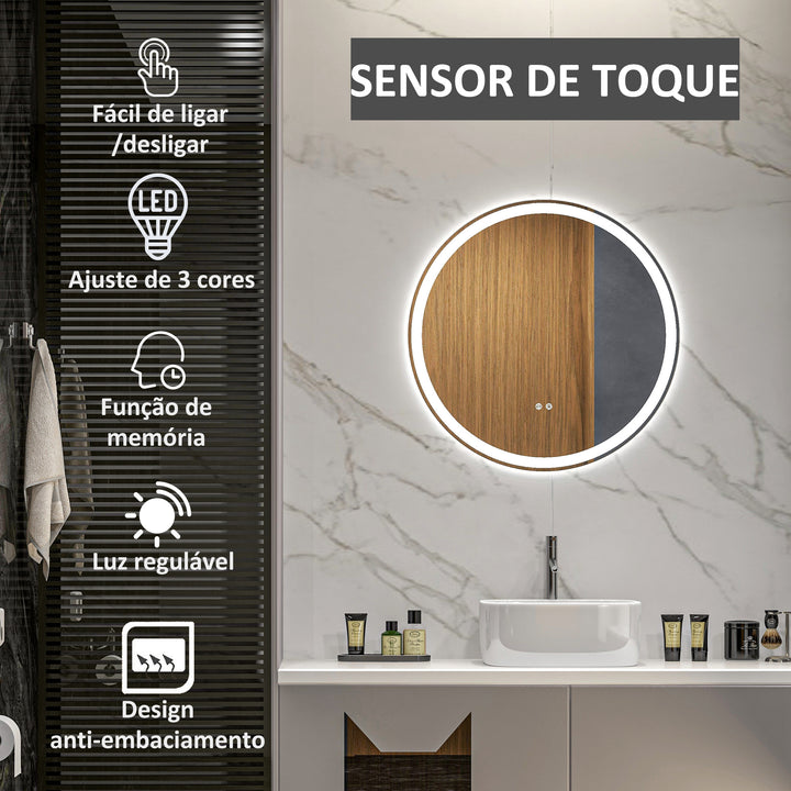 Espelho de Casa de Banho com Luzes LED Ajustáveis Ø60 cm Espelho de Parede Redondo com Função de Memória Anti-embaciamento e Interrutor Tátil para Sala Entrada Prata