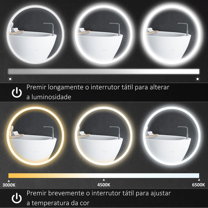 Espelho de Casa de Banho com Luzes LED Ajustáveis Ø60 cm Espelho de Parede Redondo com Função de Memória Anti-embaciamento e Interrutor Tátil para Sala Entrada Prata