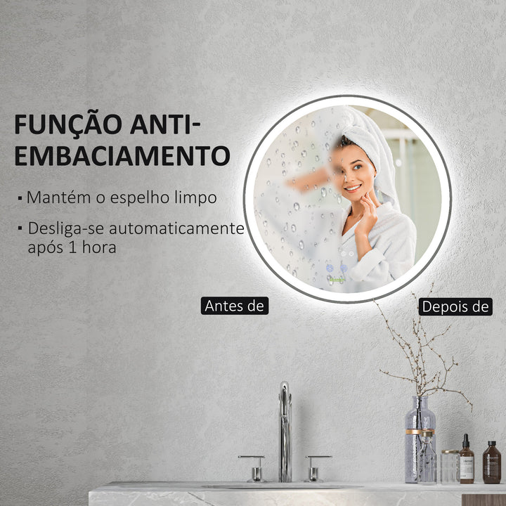 Espelho de Casa de Banho com Luzes LED Ajustáveis Ø60 cm Espelho de Parede Redondo com Função de Memória Anti-embaciamento e Interrutor Tátil para Sala Entrada Prata