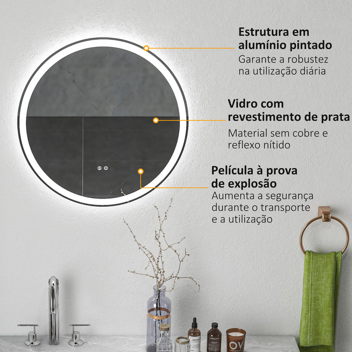 Espelho de Casa de Banho com Luzes LED Ajustáveis Ø60 cm Espelho de Parede Redondo com Função de Memória Anti-embaciamento e Interrutor Tátil para Sala Entrada Prata