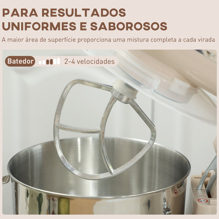 Batedeira Planetária 4,5L, Batedeira de Pão 1300W, 6 Velocidades, Taça de Aço Inoxidável, Batedor, Gancho, Varas, Protetor Antissalpicos, Bege