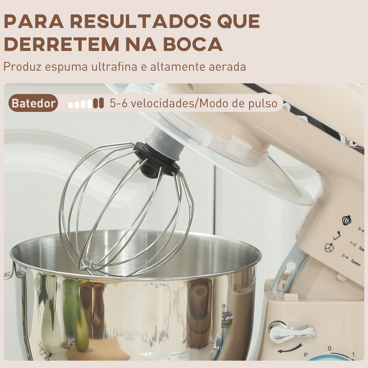 Batedeira Planetária 4,5L, Batedeira de Pão 1300W, 6 Velocidades, Taça de Aço Inoxidável, Batedor, Gancho, Varas, Protetor Antissalpicos, Bege