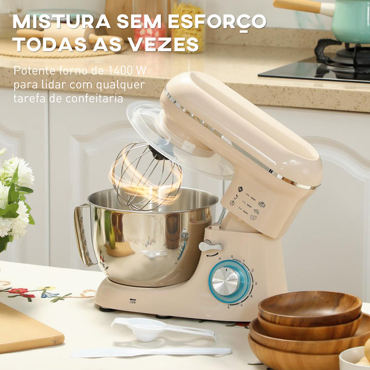 Batedeira Planetária 4,5L, Batedeira de Pão 1300W, 6 Velocidades, Taça de Aço Inoxidável, Batedor, Gancho, Varas, Protetor Antissalpicos, Bege