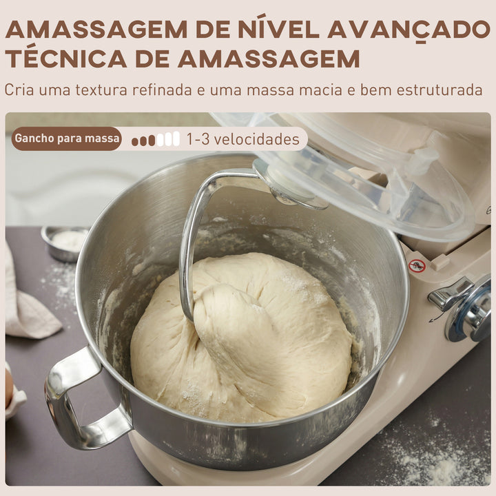 Batedeira Planetária 4,5L, Batedeira de Pão 1300W, 6 Velocidades, Taça de Aço Inoxidável, Batedor, Gancho, Varas, Protetor Antissalpicos, Bege