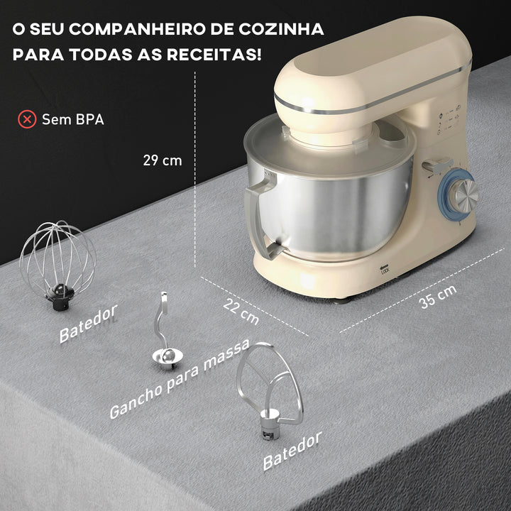 Batedeira Planetária 4,5L, Batedeira de Pão 1300W, 6 Velocidades, Taça de Aço Inoxidável, Batedor, Gancho, Varas, Protetor Antissalpicos, Bege
