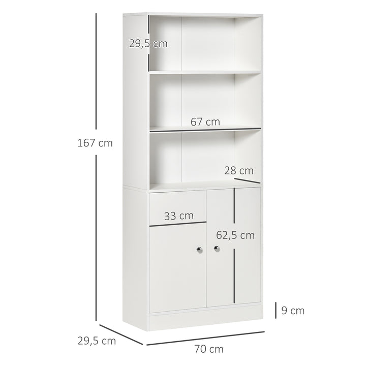 Estante para Livros com 3 Compartimentos Abertos e 1 Armário com Prateleira Ajustável Armazenamento para Sala de Estar Escritório 70x29,5x167 Branco