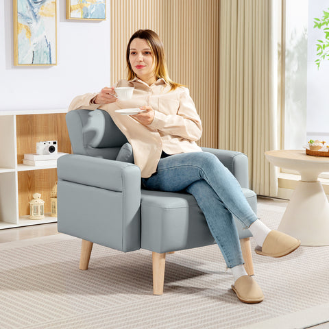 Poltrona Moderna Estofada em Couro Sintético com Apoios de Braço Acolchoados Encosto com Costuras e Pés em Madeira para Dormitório 77x78x78 cm Cinzento