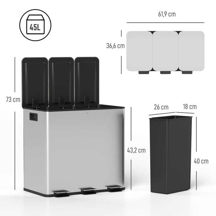 Balde de Lixo de Cozinha com 3 Compartimentos 3x15L Cubo de Lixo de Aço Inoxidável com Pedais Tampas com Fechamento Suave e Cubo Amovível para Escritório Cozinha Prata