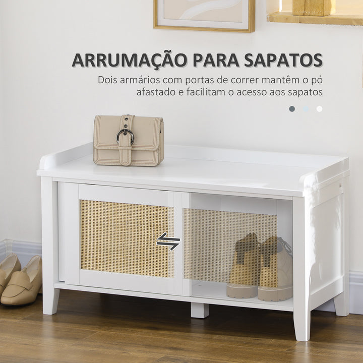 Banco Sapateira Móvel Sapateira com Banco 2 Portas de Vime Estilo Boémio Carga Máxima 130 kg para Corredor Entrada 80x35x45 cm Branco e Bege